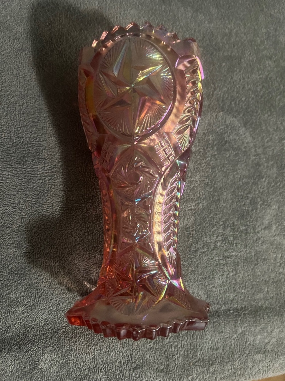 Vintage L.E.Smith Pink Iridescent Carnival Glass Swirling Star Vase